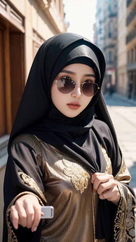 (masterpiece:1.4, best quality), (intricate details), unity 8k wallpaper, ultra detailed, 1girl, hijab, sunglasses, selfie