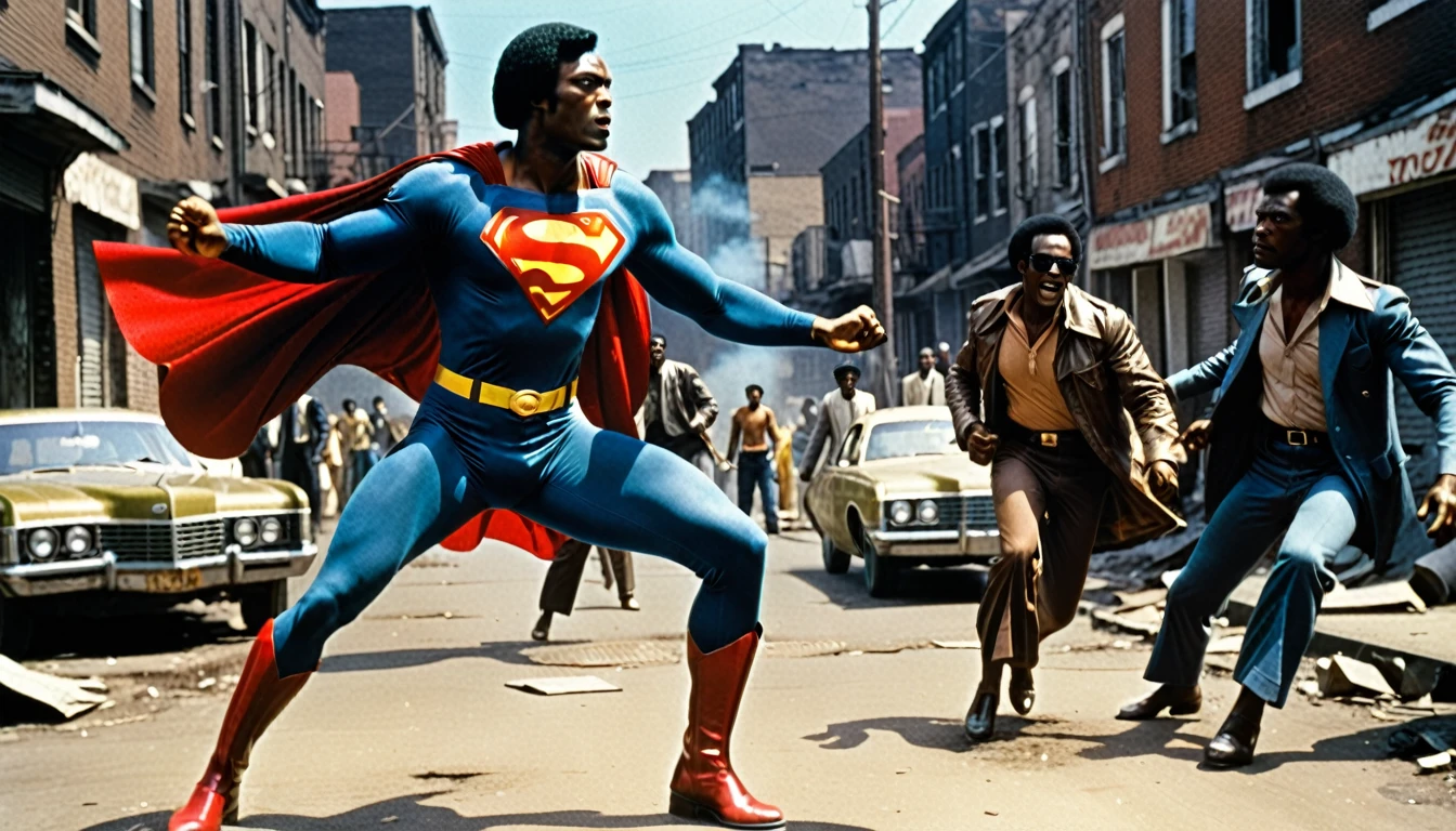 1970s photo of "Black Superman" fighting crime in the ghetto, cinematic action, atmospheric perspective,