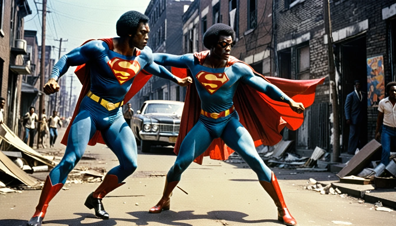 1970s photo of "Black Superman" fighting crime in the ghetto, cinematic action, atmospheric perspective,
