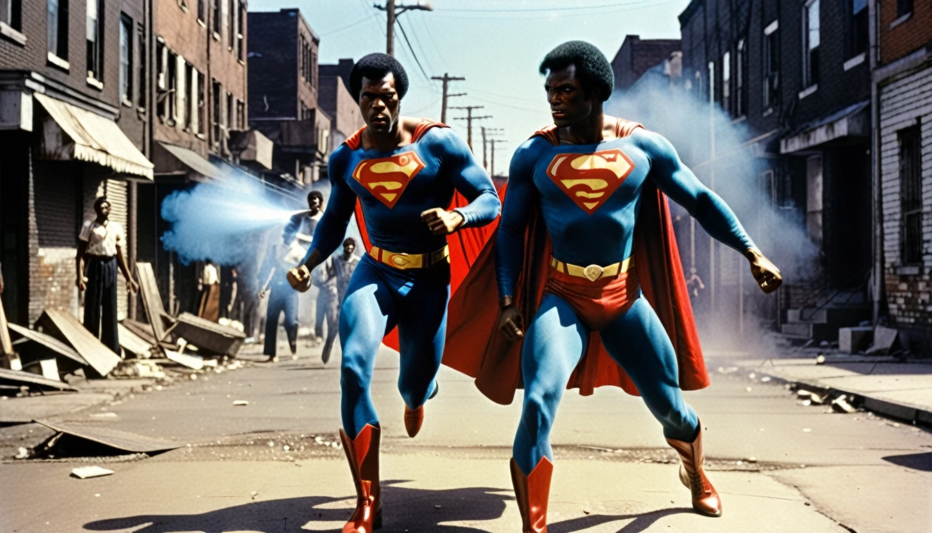 1970s photo of "Black Superman" fighting crime in the ghetto, cinematic action, atmospheric perspective,