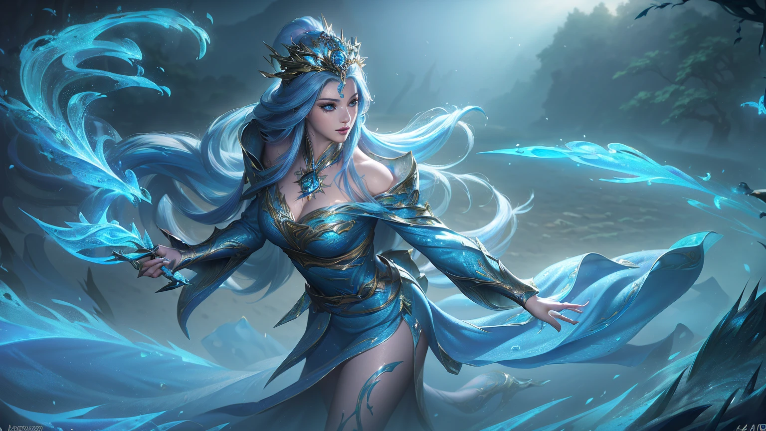 beautiful young woman, sexy body, exquisite detailed makeup, mage, water mage, white long hair, piercing blue eyes, (best quality,4k,8k,highres,masterpiece:1.3),(realistic,photorealistic,photo-realistic:1.37),(liga dos lendarios:1.5),ultra-detailed,vivid colors,HDR,studio lighting,professional,extremely detailed description