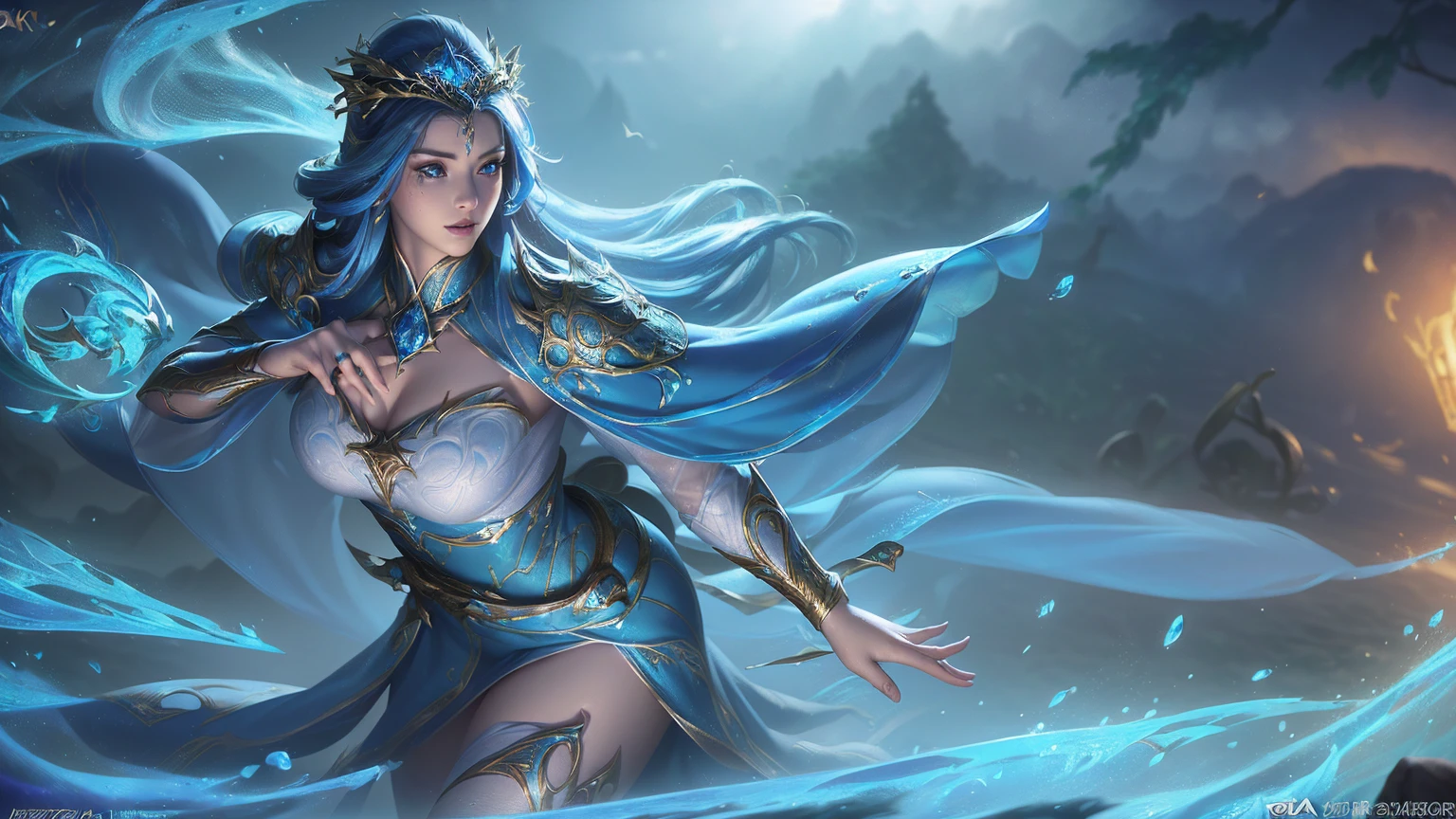 beautiful young woman, sexy body, exquisite detailed makeup, mage, water mage, white long hair, piercing blue eyes, (best quality,4k,8k,highres,masterpiece:1.3),(realistic,photorealistic,photo-realistic:1.37),(liga dos lendarios:1.5),ultra-detailed,vivid colors,HDR,studio lighting,professional,extremely detailed description