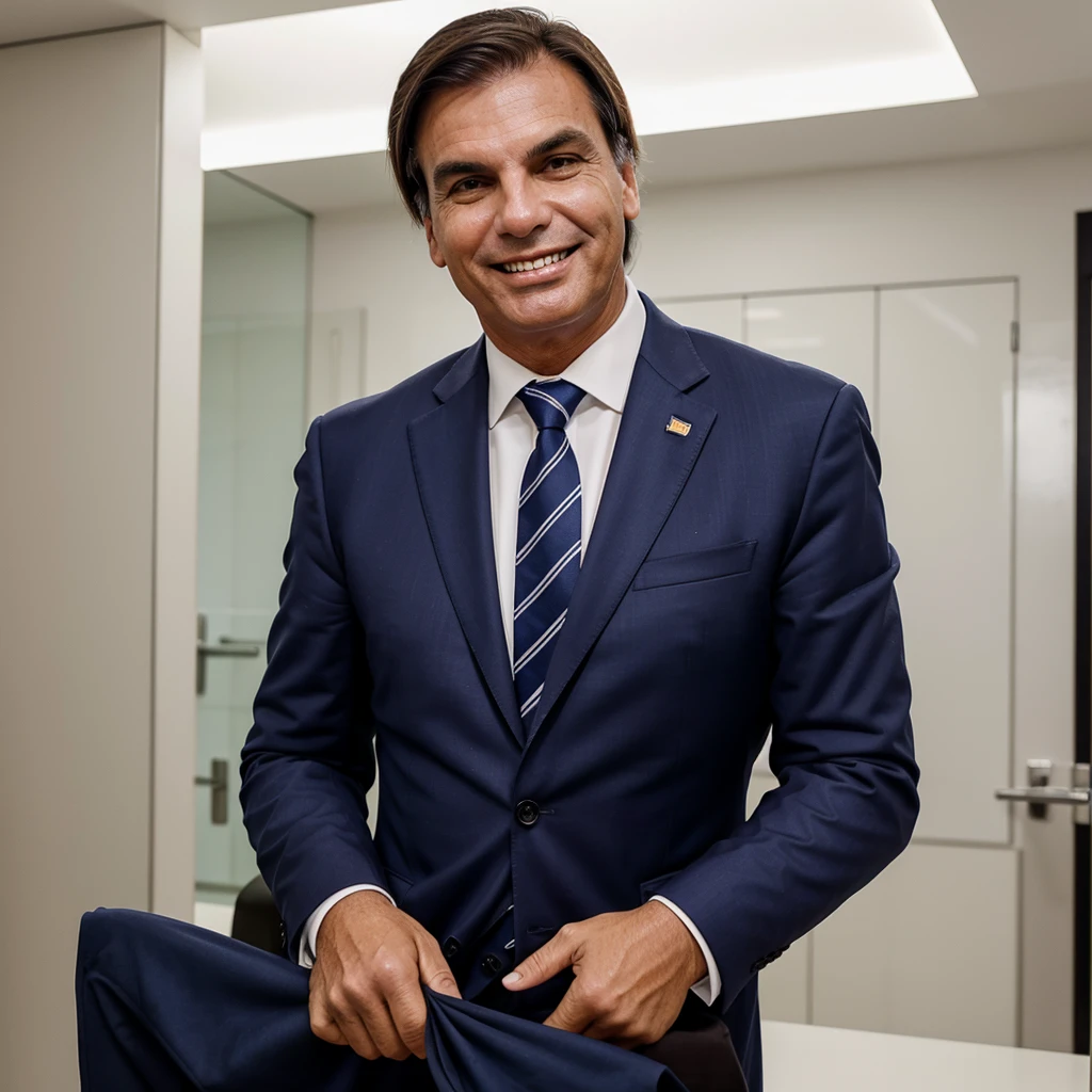Jair Bolsonaro in a suit and tie smiling at the camera