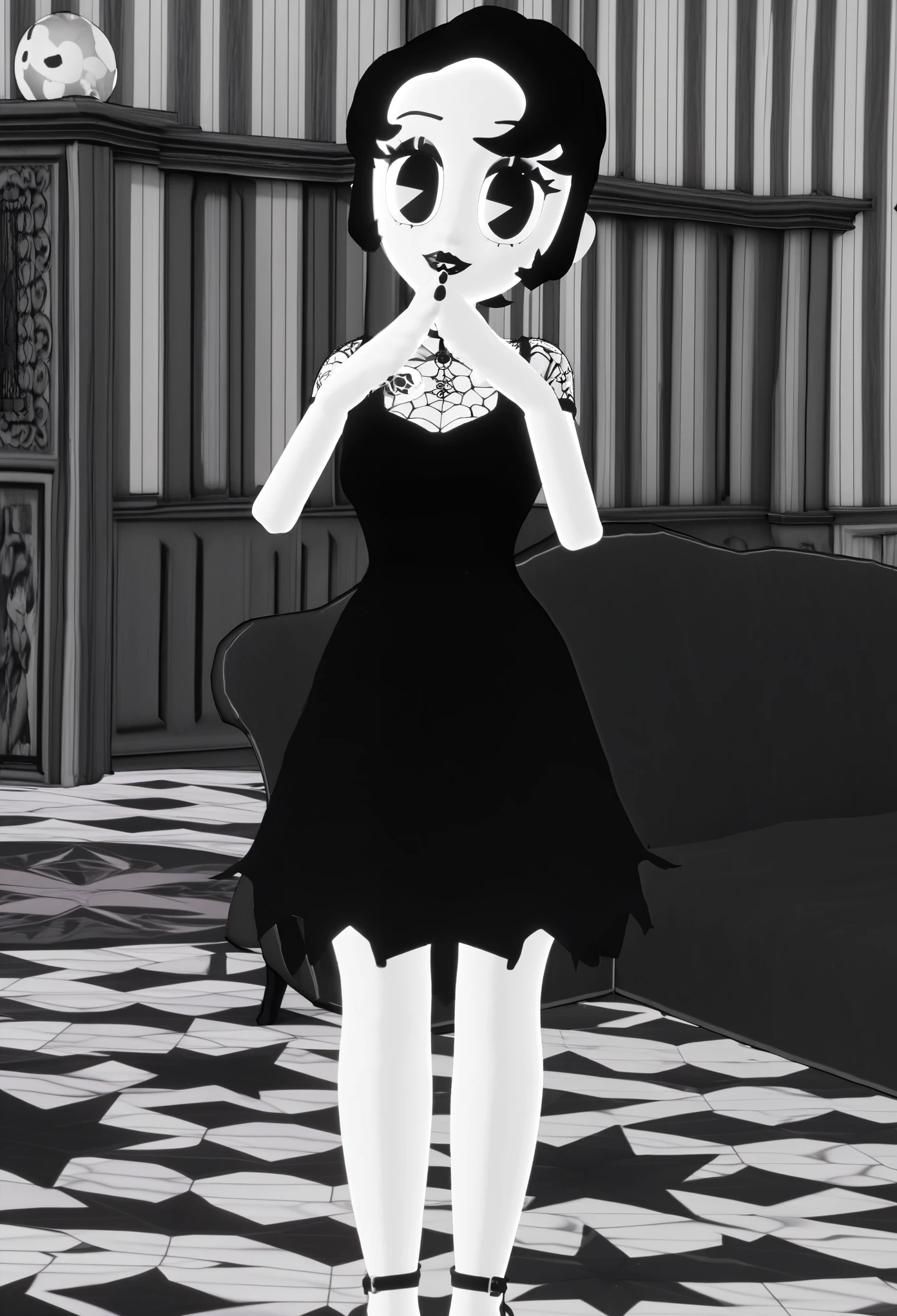 (best quality, masterpiece1.2), 1girl, solo, PumpkinPotion, Vtuber, 3d, 3d render, black and white, black dress, Pacman eyes, Monochrome, greyscale,