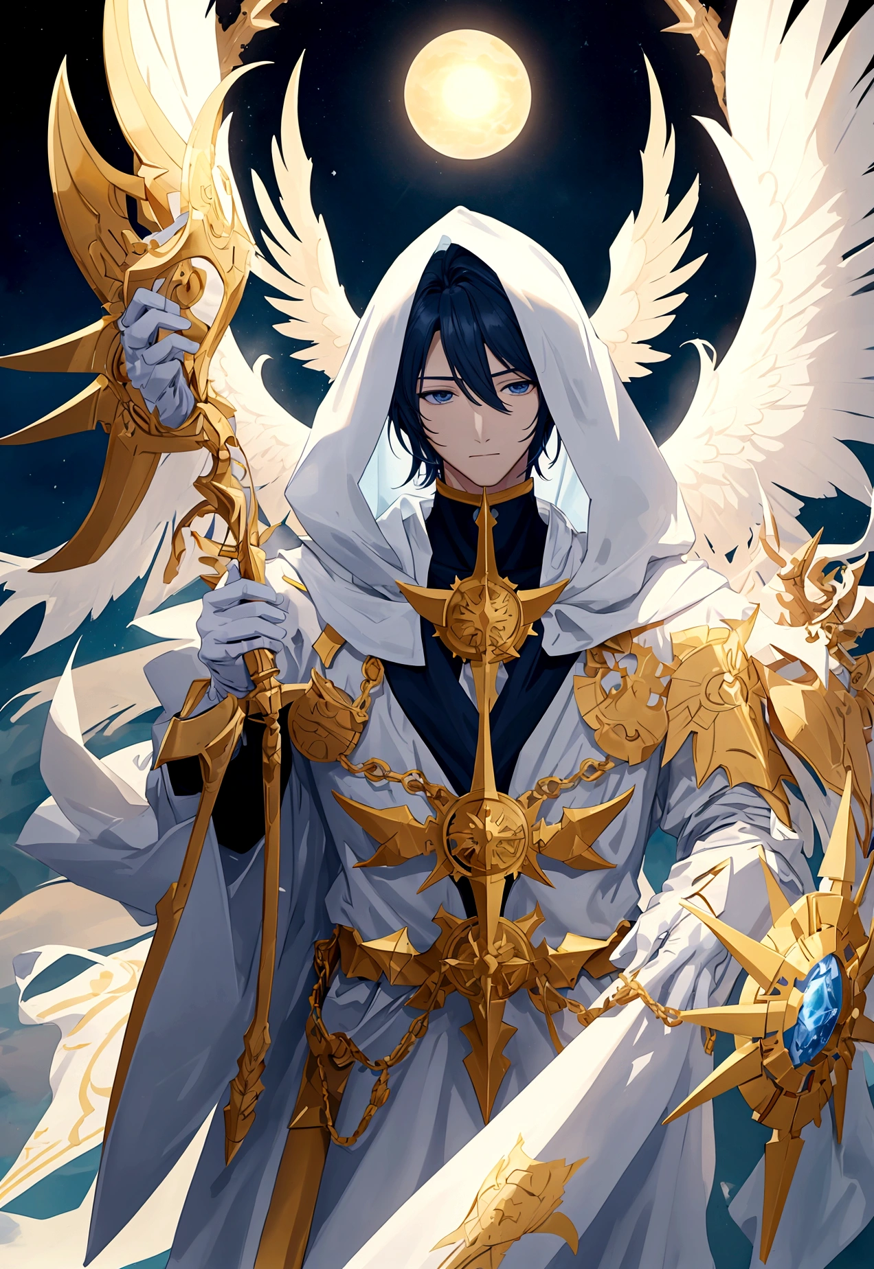 create the image of an angel paladin of the sun god with his face covered by a cloth, 8k resolution, full body, solo leveling manhwa style