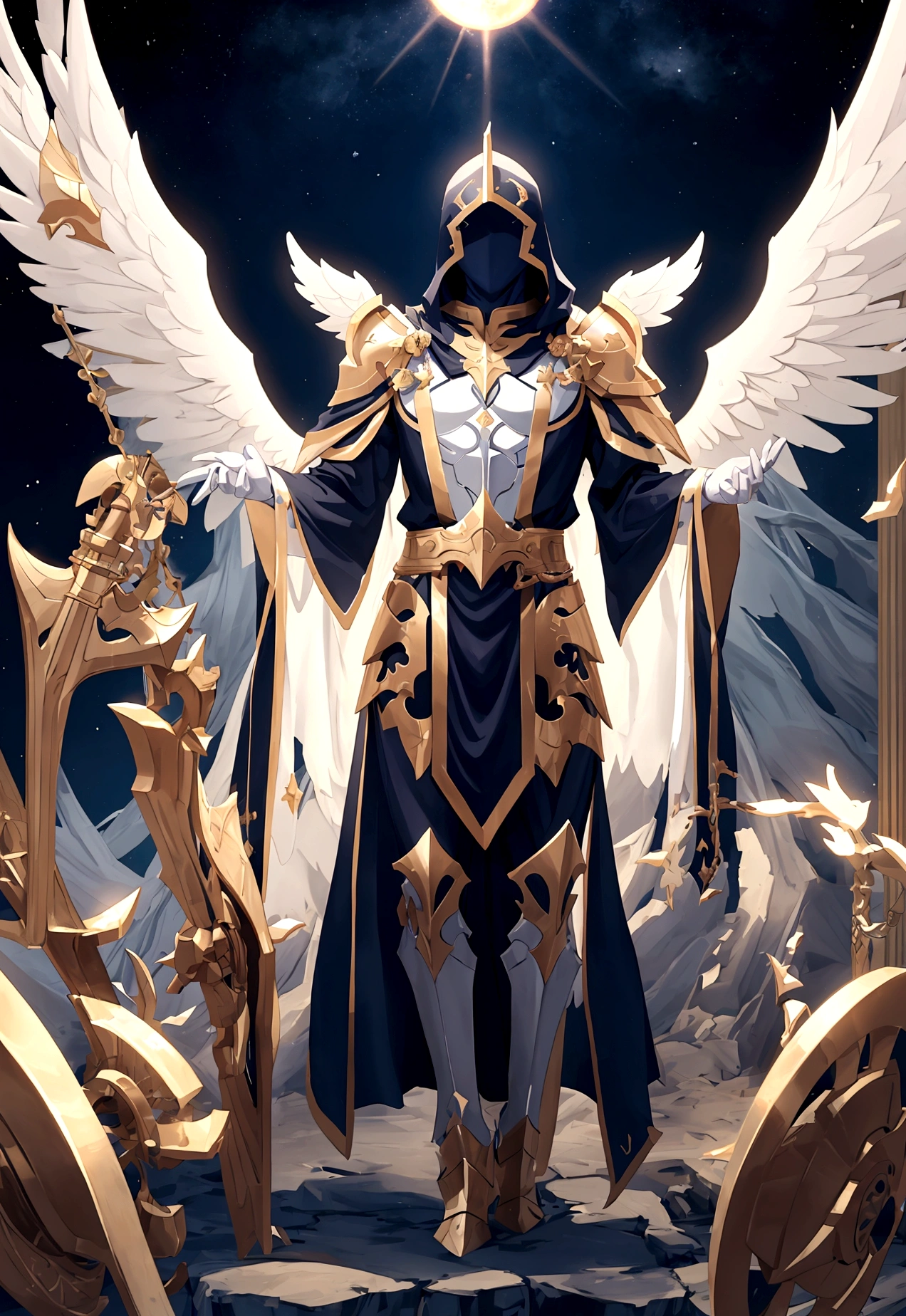 create the image of an angel paladin of the sun god with his face covered by a cloth, 8k resolution, full body, solo leveling manhwa style