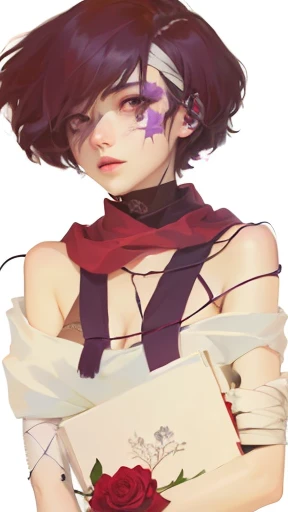 there is a drawing of a woman with a rose in her hand, with wires and bandages, romanticism lain, halfbody portrait, more scars, he‘s wearing a red scarf, drawn with photoshop, delicate androgynous prince, inspired by Kawabata Ryūshi, half body portrait, scarf, digital drawing, by Ei-Q, wearing a scarf