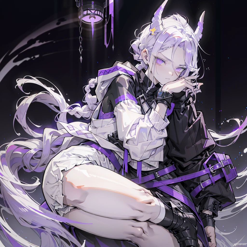boy thoughtful look open forehead. white and purple hair braided in a ponytail on the left side to one side. sinuous black horns wrapped in dark purple ribbon. pale violet eyes. in short dark purple shorts. long white T-shirt. dark purple knee-high socks. white long coat with hood. black limit stone walls purple light from lamps sitting on the steps