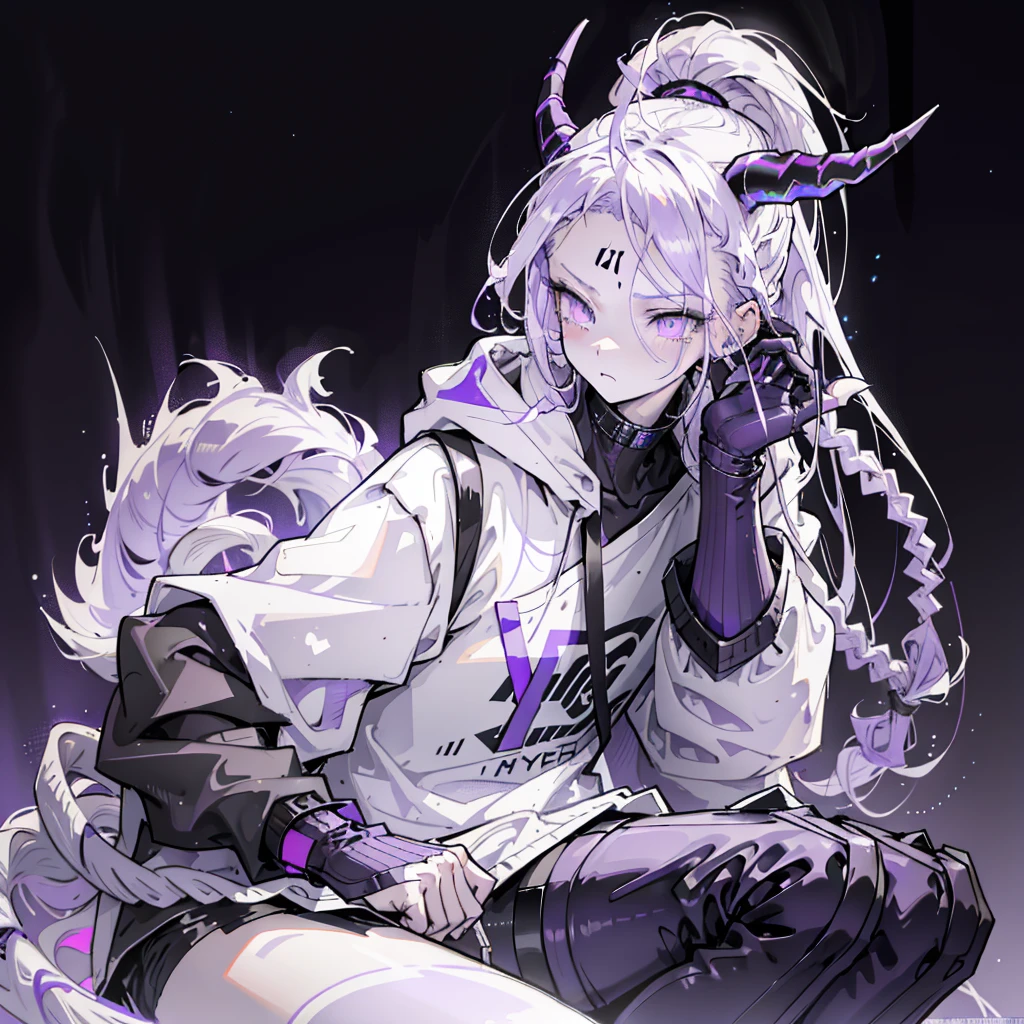 boy thoughtful look open forehead. white and purple hair braided in a ponytail on the left side to one side. sinuous black horns wrapped in dark purple ribbon. pale violet eyes. in short dark purple shorts. long white T-shirt. dark purple knee-high socks. white long coat with hood. black limit stone walls purple light from lamps sitting on the steps
