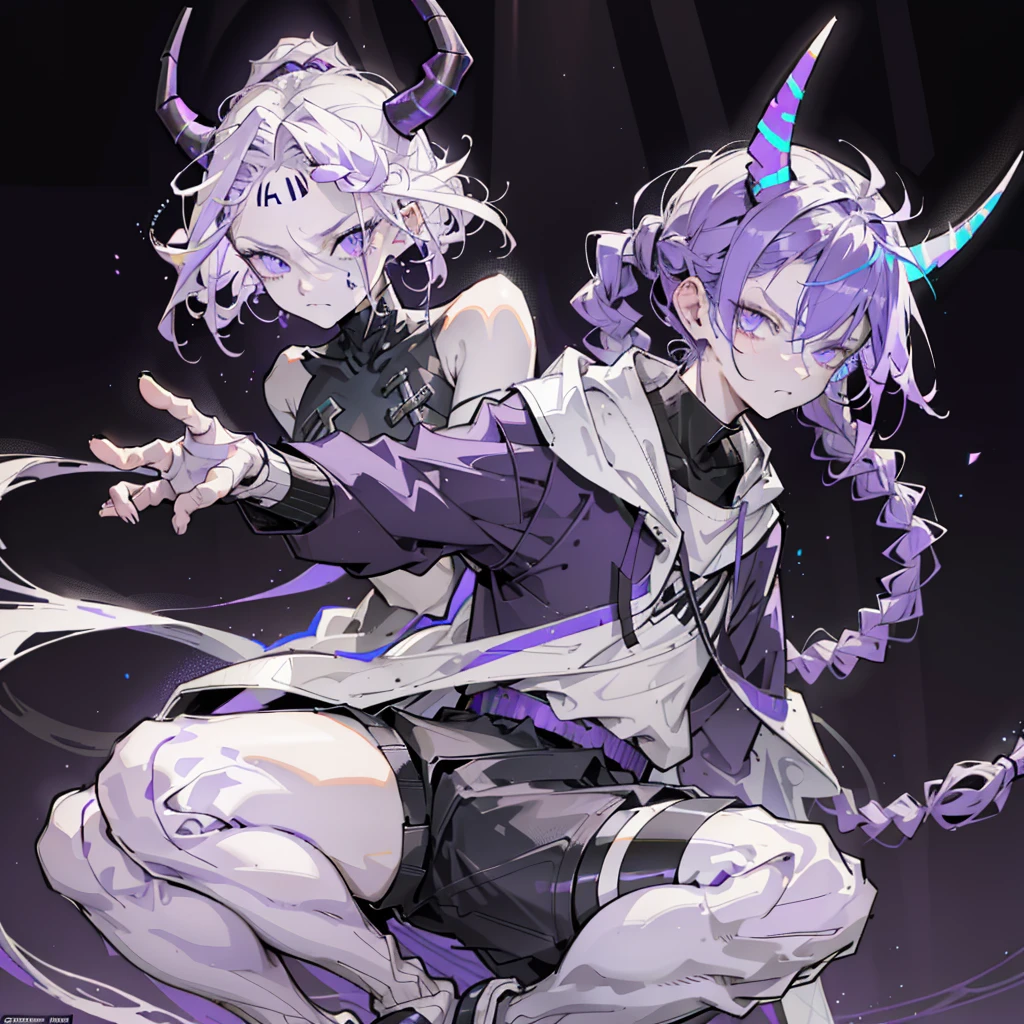 boy thoughtful look open forehead. white and purple hair braided in a ponytail on the left side to one side. sinuous black horns wrapped in dark purple ribbon. pale violet eyes. in short dark purple shorts. long white T-shirt. dark purple knee-high socks. white long coat with hood. black limit stone walls purple light from lamps sitting on the steps