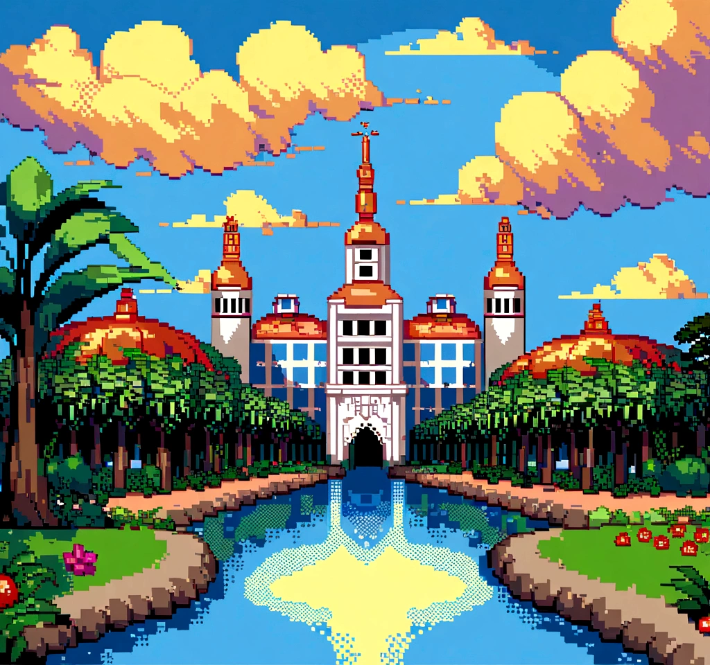 "Pixel art of Ver-o-Peso in Belém do Pará, with Belém skyline in shades of blue and colonial buildings, barracas coloridas de frutas tropicais, vendedores e clientes em pixel art, Guajará river in blue with reflections, vibrant Amazon vegetation, tropical sky with pixelated clouds, detalhes em arquitetura colonial e atividades locais, all with pixel-style solar lighting."