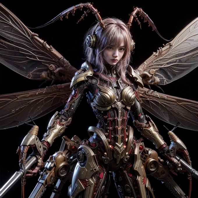 (top-quality:1.2, masterpiece), ultra high res,(Photorealsitic:1.4), (scorpion-like bio animal suit:1.3), heavy weapons,large wings, vivid textures,insect legs, red  hair, glowy skin, fur,japanese girl beautiful face,  ((super realistic intricate details)), full body shot, globalillumination, octan render, ultrasharp, character edge light, Details of complex ornaments, Acrylic Clear Cover, Hydraulic cylinder