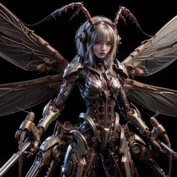 (top-quality:1.2, masterpiece), ultra high res,(Photorealsitic:1.4), (scorpion-like bio animal suit:1.3), heavy weapons,large wings, vivid textures,insect legs, red hair, glowy skin, fur,japanese girl beautiful face, ((super realistic intricate details)), full body shot, globalillumination, octan render, ultrasharp, character edge light, Details of complex ornaments, Acrylic Clear Cover, Hydraulic cylinder