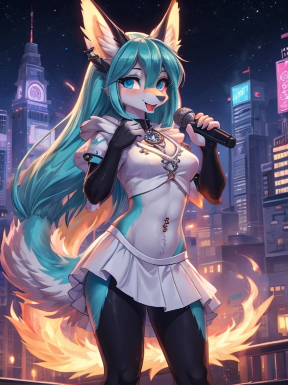 Chica anime,tennage girl 18 years old, anime style, cute hatsune miku x suicune, shy girl , Orejas de Kitsune, arte de dark natasha, city landscape, arte de vixen aztra, cuerpo completo, patas hermosas, cintura delgada, caderas amplias, navel white blouse, white&pink skirt, navel piercing, ear piercing, navel tattoo, atrevid pose, back pose, fluffly tail, sensual eyes (la mejor definicion) long hair, black flash, city party, city night life, party girl, idol girl, girl with microphone singing, deep blue eyes (HD), white&pink dress, super mega star idol, aura pura, silueta de luz, silueta radiante de luz dorada, su cuerpo brilla, best lighting in photography, fullbody picture