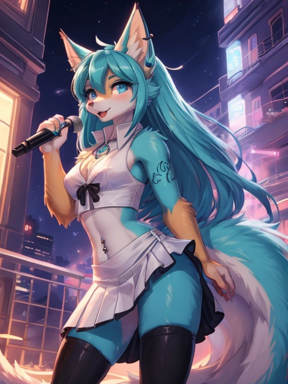 Chica anime,tennage girl 18 years old, anime style, cute hatsune miku x suicune, shy girl , Orejas de Kitsune, arte de dark natasha, city landscape, arte de vixen aztra, cuerpo completo, patas hermosas, cintura delgada, caderas amplias, navel white blouse, white&pink skirt, navel piercing, ear piercing, navel tattoo, atrevid pose, back pose, fluffly tail, sensual eyes (la mejor definicion) long hair, black flash, city party, city night life, party girl, idol girl, girl with microphone singing, deep blue eyes (HD), white&pink dress, super mega star idol, aura pura, silueta de luz, silueta radiante de luz dorada, su cuerpo brilla, best lighting in photography, fullbody picture