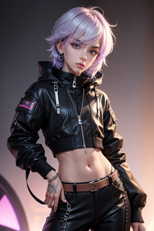 arafed non - binary model male, androgynous, androgynous femboy, beautiful androgynous femboy, androgyny, androgynous person, delicate androgynous prince, non binary model, beautiful androgynous prince, zac retz, lil peep, zero g pretty anime male with lilac hair and grey eyes, wolfcut hair, fluffy hair with bangs over eyes, deep navel, wearing black designer coat with studs, crop top and black pants with belt, fashionable, uzzlang male, techwear, womb tattoo
