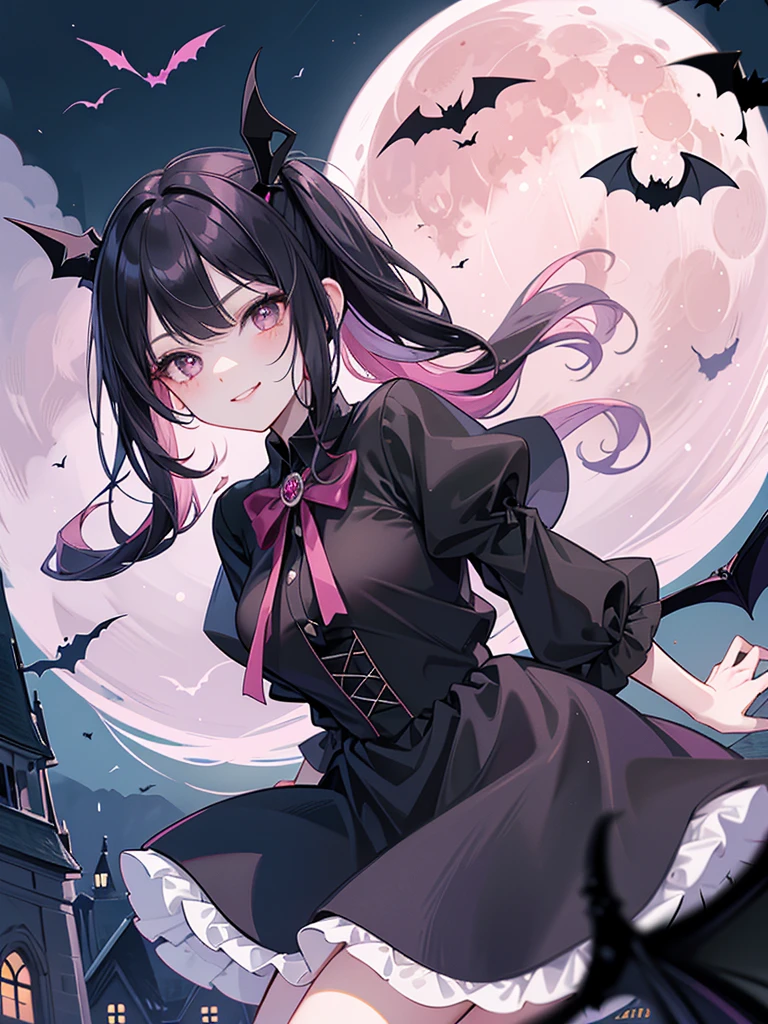 (((Visual impact,flying shadow))),((((flying bats,bats shadow,grow pink moon)))),((round frame:1.3)),full moon,bloody moon,(City of night,in street),(lamp),(large gate:1.3),(sence of depth:1.5),(madeon) BREAK solo,girl,kawaii,vampire girl,((black_hair,long hair,black_eyes)),(((sadistical smile))),pure white skin,[flushed face elbows knees shoulders],(pink_Pupils),(Gothic dress,classic dress),(((elegant posing))),(absurdres,highres,superlative),((texture)),((contrast)),(top quality,masterpiece),