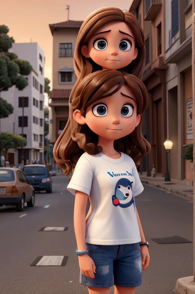 uma adolecente de olhos azuis e cabelo marron claro triste andando na rua e varios predios na rua com uma blusa preta aberta e uma camiseta pretae atarde a meina com uma camisa PRETA a noite bem escuro mais escuro anoite