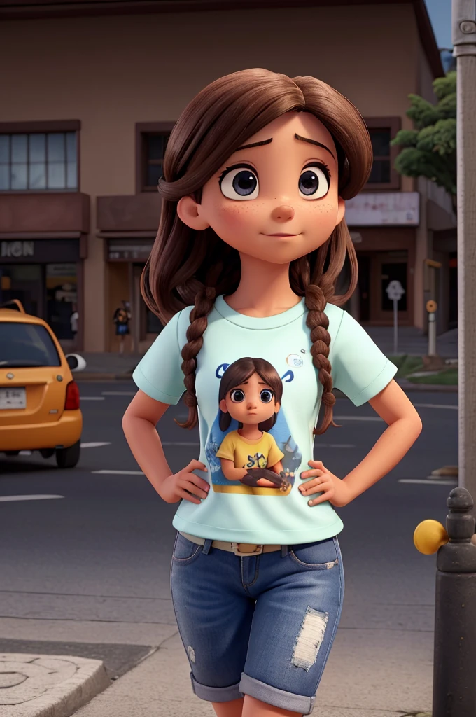uma adolecente de olhos azuis e cabelo marron claro triste andando na rua e varios predios na rua com uma blusa preta aberta e uma camiseta pretae atarde a meina com uma camisa PRETA a noite bem escuro mais escuro anoite