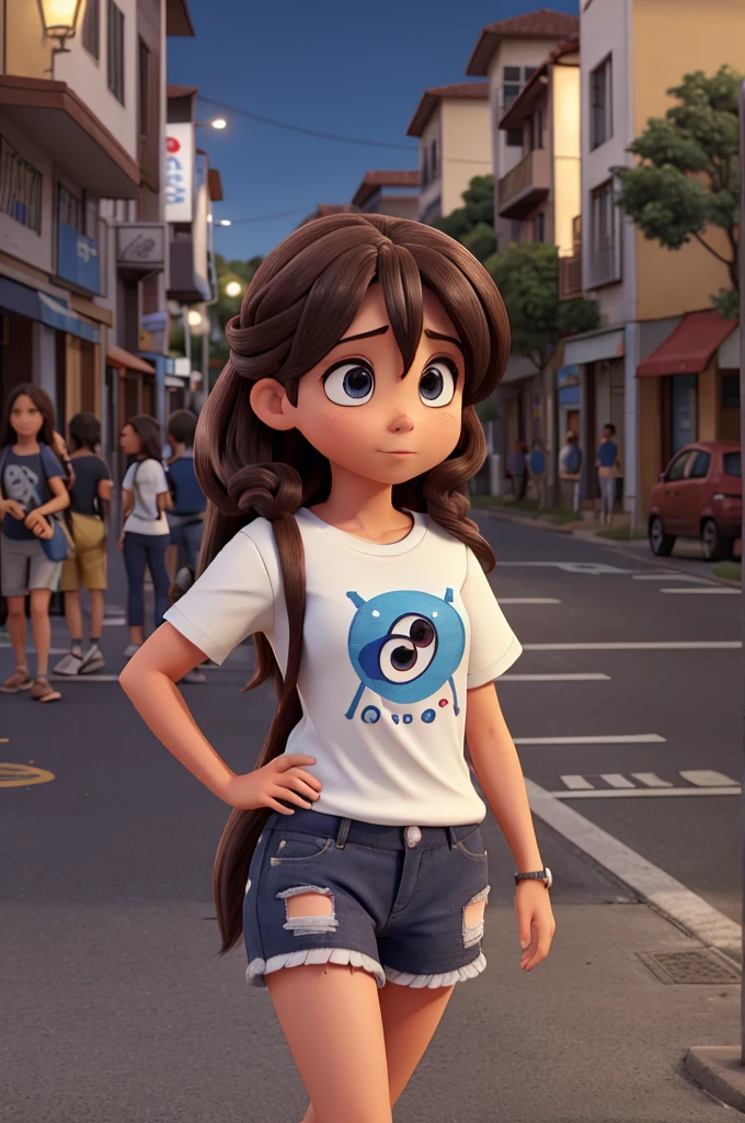 uma adolecente de olhos azuis e cabelo marron claro triste andando na rua e varios predios na rua com uma blusa preta aberta e uma camiseta pretae atarde a meina com uma camisa PRETA a noite bem escuro mais escuro anoite
