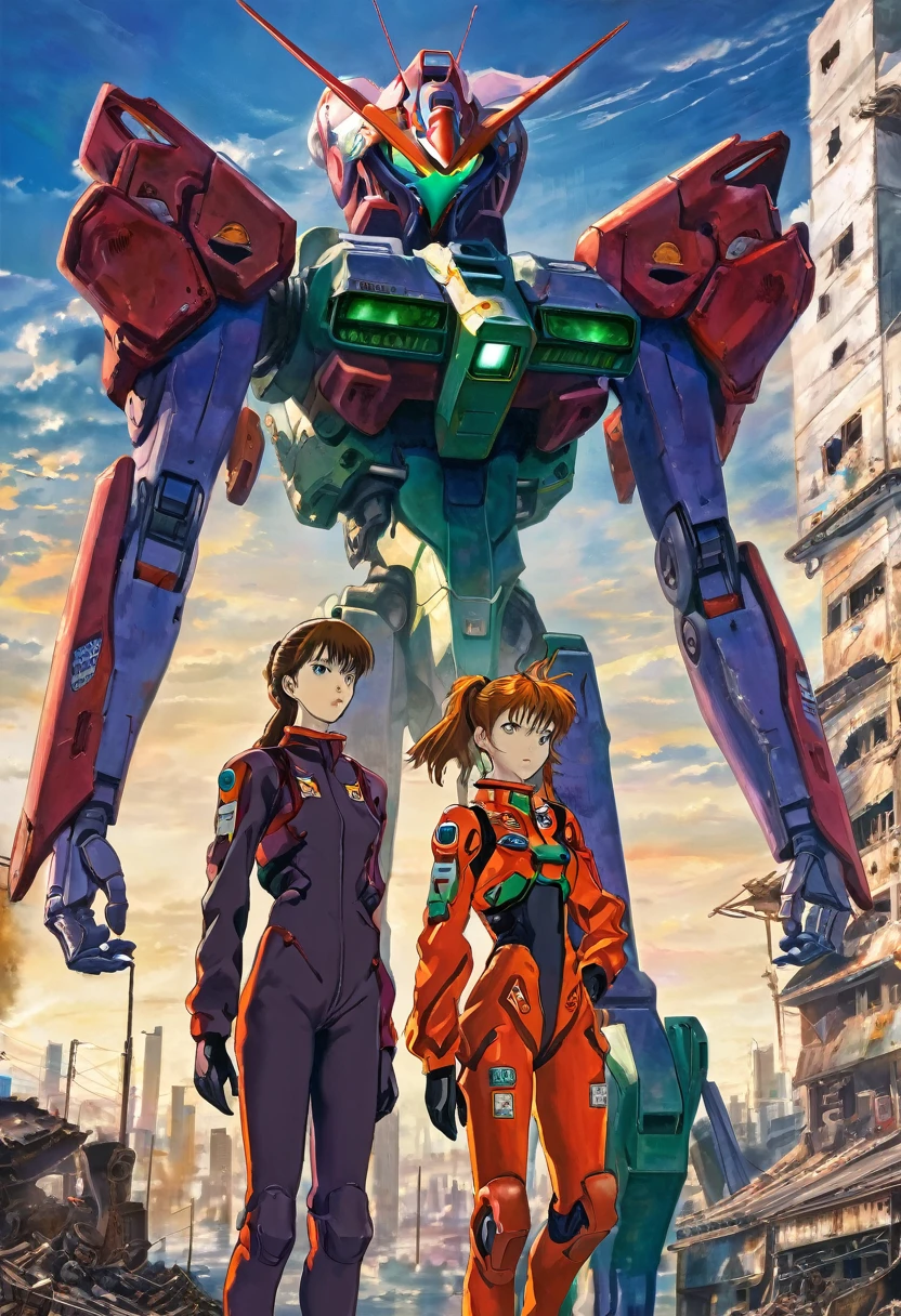 A beautifully detailed portrait of Asuka from Evangelion with her hair tied back, Wearing the iconic pilot suit, Standing next to Eva (Mecha) In a war-torn city, Cinema Lighting, Very detailed, intricate Mechanical design, Dramatic atmosphere, Vibrant colors, Vibrant, Realistic, Concept Art Style