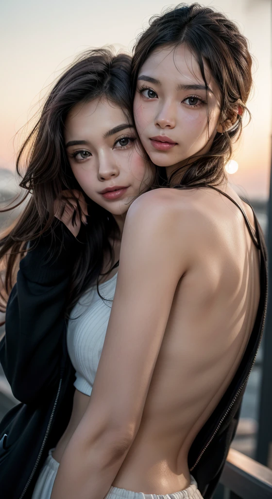((top quality、8k、Masterpiece:1.3))、Extremely delicate and beautiful girl,realistically,Extremely ridiculous,Abstractionism,full-body standing,catch,Extra detailed body,Port wind,,flowing hair,light brown hair,viton hair,beautiful fine hair,Exquisite and beautiful face,Smile,clear eyes, black eyes,beautiful clear background,beautiful sky,bloom,very precise details,absurd,very CG,((A sexy mature girl:1.5))、thick lips、deep red lip gloss、eye makeup、((40 years:1.5))、sunset sky,Extensive exposure,More nudity, nude, naked