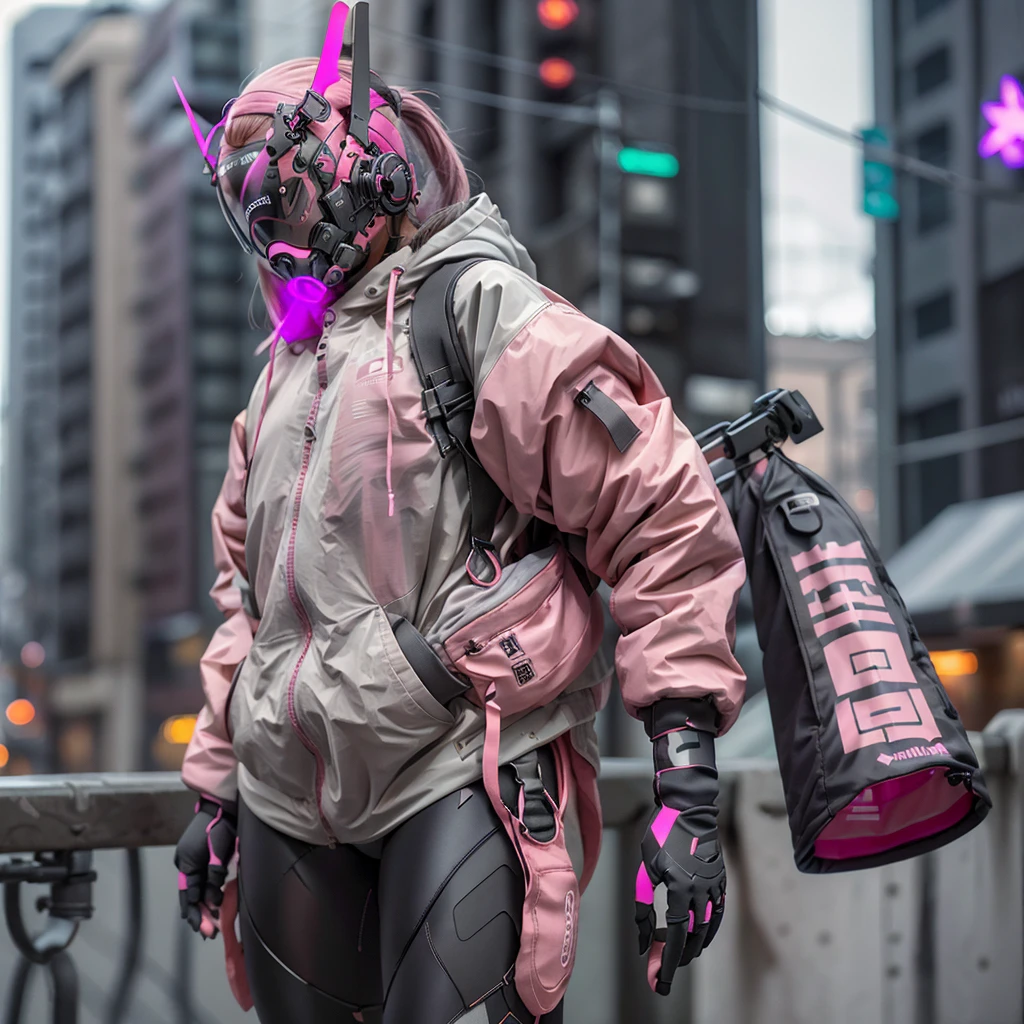 1girll, helmet, Hood, Solo, Spacesuit, Extra-long_Hair, bangs, Jacket, The upper part of the body_Body, Pink_Hair, bag, Blurry, Coat, Grey_Eyes, Mask, Blurry_Background, Backpack, zippers, Mouth_Mask, Covered_Mouth, Urban tech clothing, Outfit,lowerbody,Fair long legs,Unequal cyber leggings,with light glowing,zipperechanical booties,Full body shot from head to hips。