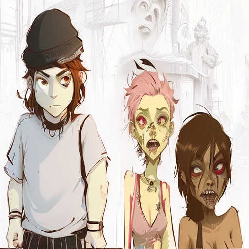 there are two people that are standing next to each other, gorillaz phase 1, several character designs, inspired by George Grosz, concept art!!, concept art!, post grunge concept art, wip, heavily stylized, finished concept art, official fanart, drawn with photoshop, 1990's diner full of zombies, digitally colored