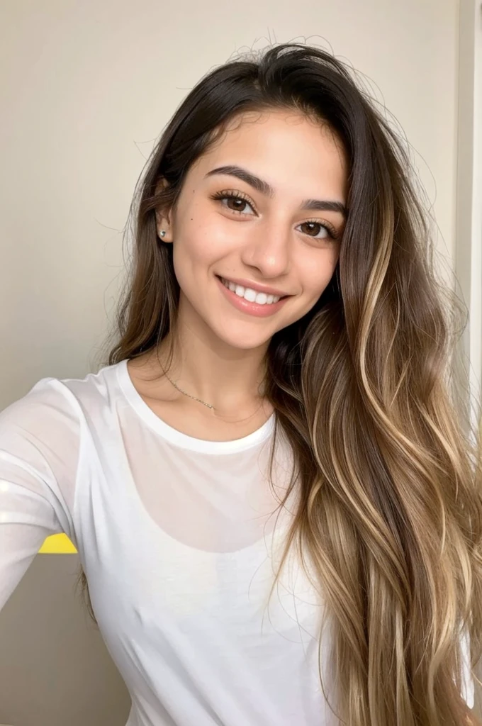 24YO, small nose, one attractive Jordanian women, light neon shirt, cute smile, cute face, white teethes, skinny face, light brown eyes, black/blonde long hair