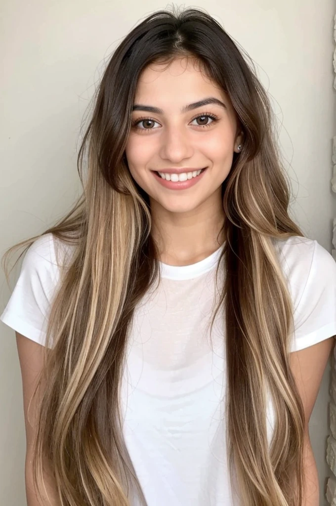 24YO, small nose, one attractive Jordanian women, light neon shirt, cute smile, cute face, white teethes, skinny face, light brown eyes, black/blonde long hair