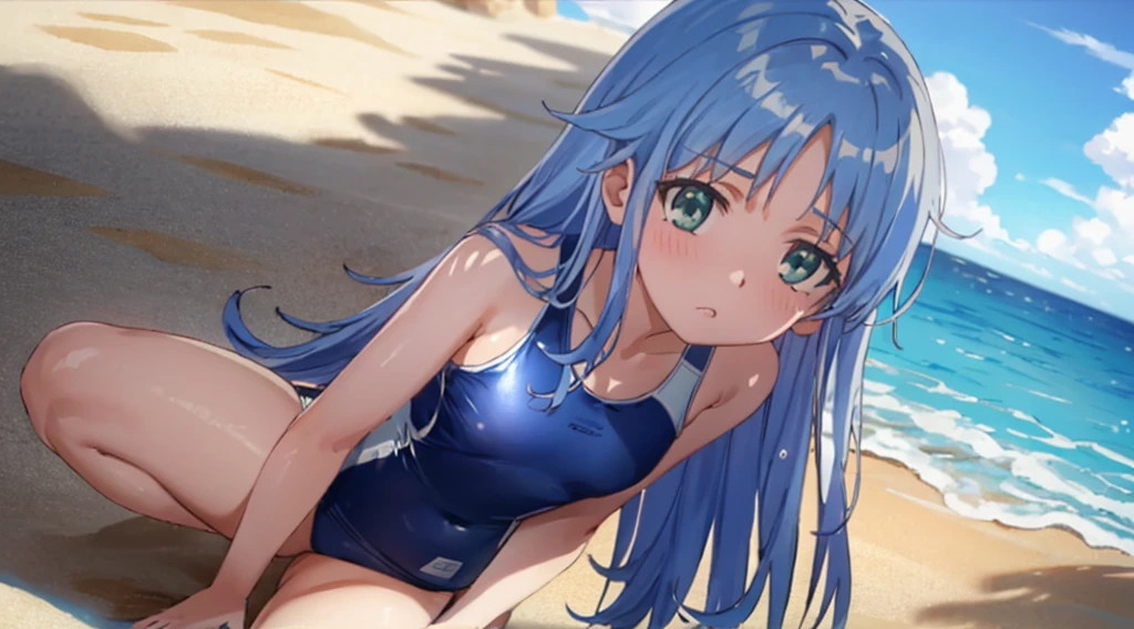 Highest quality, 4K, One woman in a swimsuit, Blue hair long, Big eyes, Young face, Small modest breasts, Small breasts, Slender Body, ((White one piece swimsuit)), Crouching on the beach, squat, Open your knees wide, Showing off your crotch, A close-up of the crotch from a low angle, Put your hands behind your head, Get wet