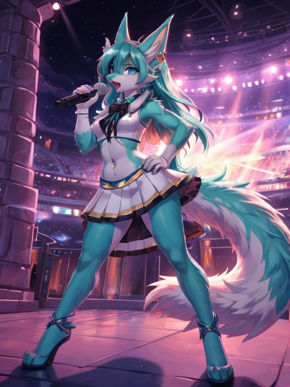 Chica anime,tennage girl 18 years old, anime style, cute hatsune miku x suicune, shy girl , Orejas de Kitsune, arte de dark natasha, city landscape, arte de vixen aztra, cuerpo completo, patas hermosas, cintura delgada, caderas amplias, navel white blouse, white&pink skirt, navel piercing, ear piercing, navel tattoo, atrevid pose, back pose, fluffly tail, sensual eyes (la mejor definicion) long hair, black flash, city party, city night life, party girl, idol girl, girl with microphone singing, deep blue eyes (HD), white&pink dress, super mega star idol, aura pura, silueta de luz, silueta radiante de luz dorada, su cuerpo brilla, best lighting in photography, fullbody picture, singing in a stadium