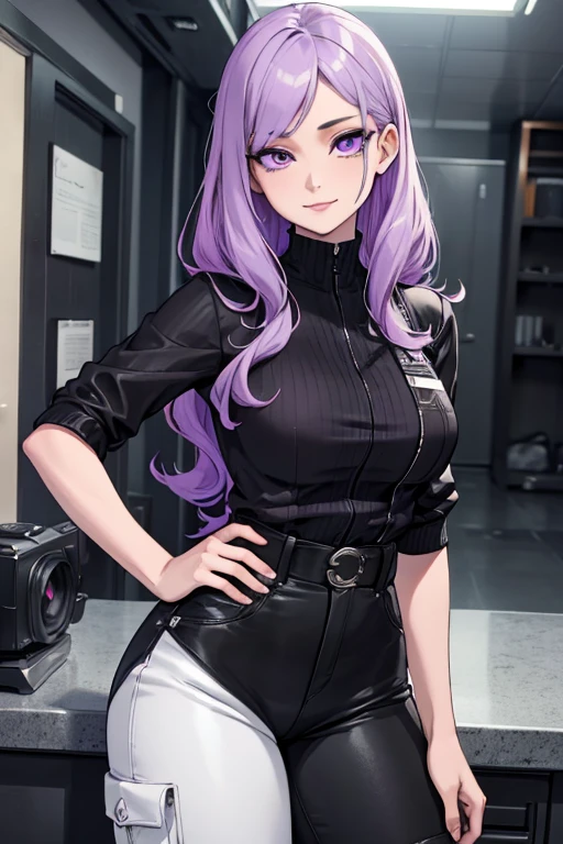 One beautiful young woman, light purple hair, long slightly waved and combed to one side, purple eyes, sharp eyes, eyeliner, pretty smile, pale skin, extremely beautiful, kind, sweet, White, black jacket, black cargo pants, anime realism style, portraits, vibrant lighting, color palette: light purple and black, (best quality, 4k, 8k, highres, masterpiece:1.2), ultra-detailed, realistic:1.37