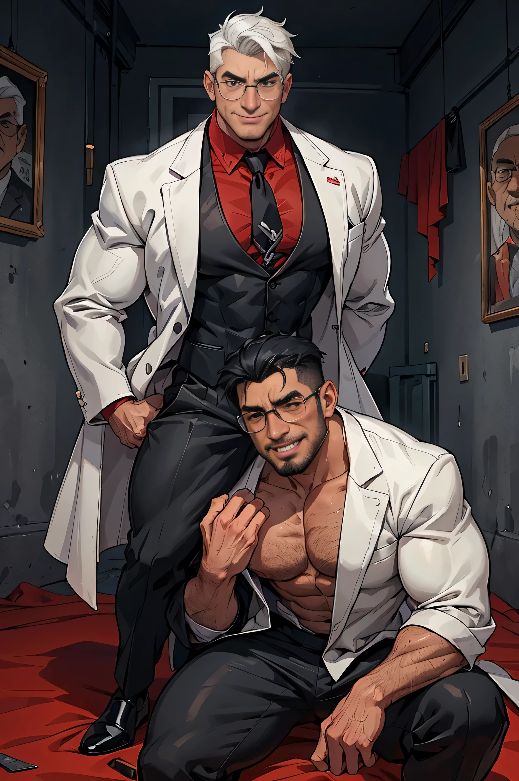 Several characters on the scene (a doctor, several muscular men). A doctor, exaggeratedly muscular, black and white hair, black eyes, scars across his mouth, swollen lips, masculine face, maniacal smile, obscene expression, sweaty, oily skin, huge chest, muscular thighs, huge biceps, wearing a white medical coat, rectangular glasses, black dress pants (fitting), black dress shoes. The doctor is in a dirty asylum (walls stained red), with several Zombie (muscular) men, naked backs, obscene expressions, caressing themselves in a sexy way.
