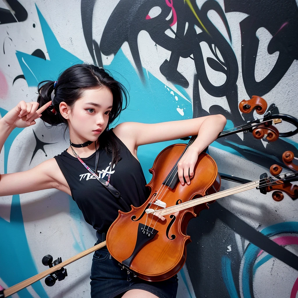 A girl with a swag style playing the violin inside a building with graffiti-covered walls. On the wall behind her, there's a large, vibrant graffiti that says 'Feel it,' adding an urban and cool vibe to the scene.
