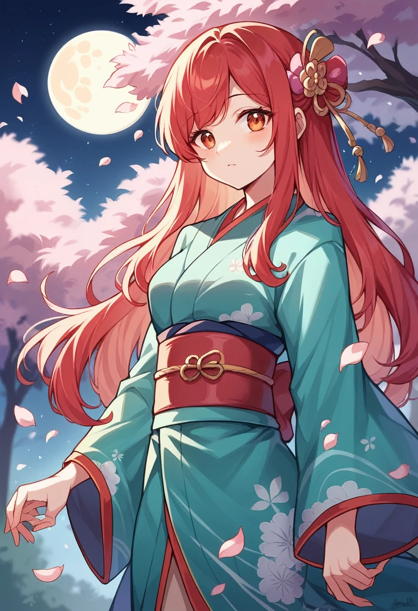 Create an anime-style illustration featuring a serene and enchanting night scene. A young woman with long red hair stands gracefully among cherry blossom trees in full bloom. She wears a traditional turquoise kimono adorned with floral patterns and a red obi. The scene is illuminated by a large, glowing full moon in the night sky, casting a soft light on her and the surroundings. Cherry blossom petals float gently around her, adding to the tranquil and ethereal atmosphere. The overall mood should be calm and beautiful, emphasizing the harmony between the character and the natural setting.