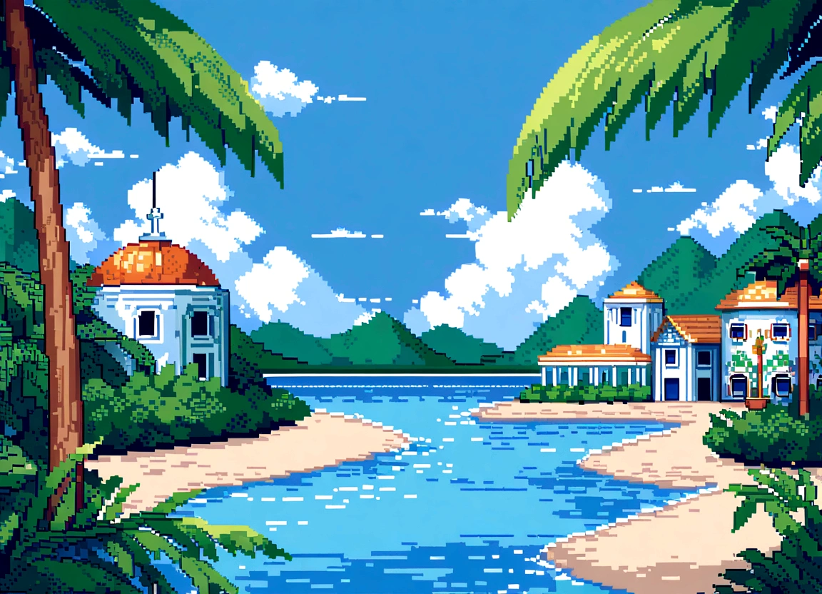 Pixel art of Ver-o-Peso in Belém do Pará, with detailed city skyline in light blue tones and colonial buildings in pixelated style, vibrant stalls under striped awnings displaying tropical fruits like açaí, cupuaçu and mangaba, vendedores em pixel art interagindo com clientes, Guajará river represented in deep blue with animated reflections in the water, Amazonian vegetation in bright green tones including palm trees and fruit trees in pixel art style, tropical sky with pixelated clouds in soft white and gray tones, detalhes meticulosos de arquitetura colonial com sacadas, portas de madeira e azulejos decorativos, atividades locais como pescadores com redes e peixes pixelizados, tudo iluminado por uma luz solar simulada em pixel art."