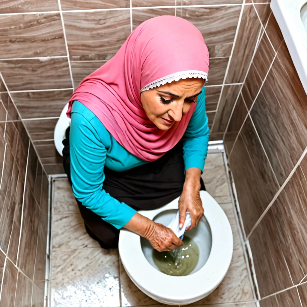 Ugly Kurdish mature older Woman in hijab nude arm nude shoulder breasts nude cleaning the toilet in bathroom housekeeping view from side back top dirty toilet 