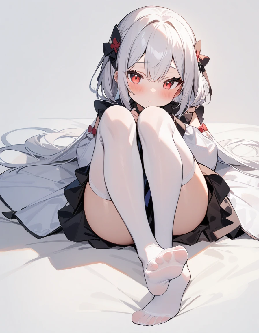 (masterpiece), (best quality), simple background, kneeling, 1girl, white hair, red eyes, , white stockings, focus on feet, lying down, legs open