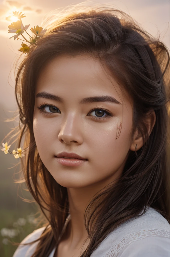 (Highest quality, 4K, 8k, High resolution, masterpiece:1.2), Super detailed,sotf lightning,clean brush,a girl have a flower on her face,the sotf sun light