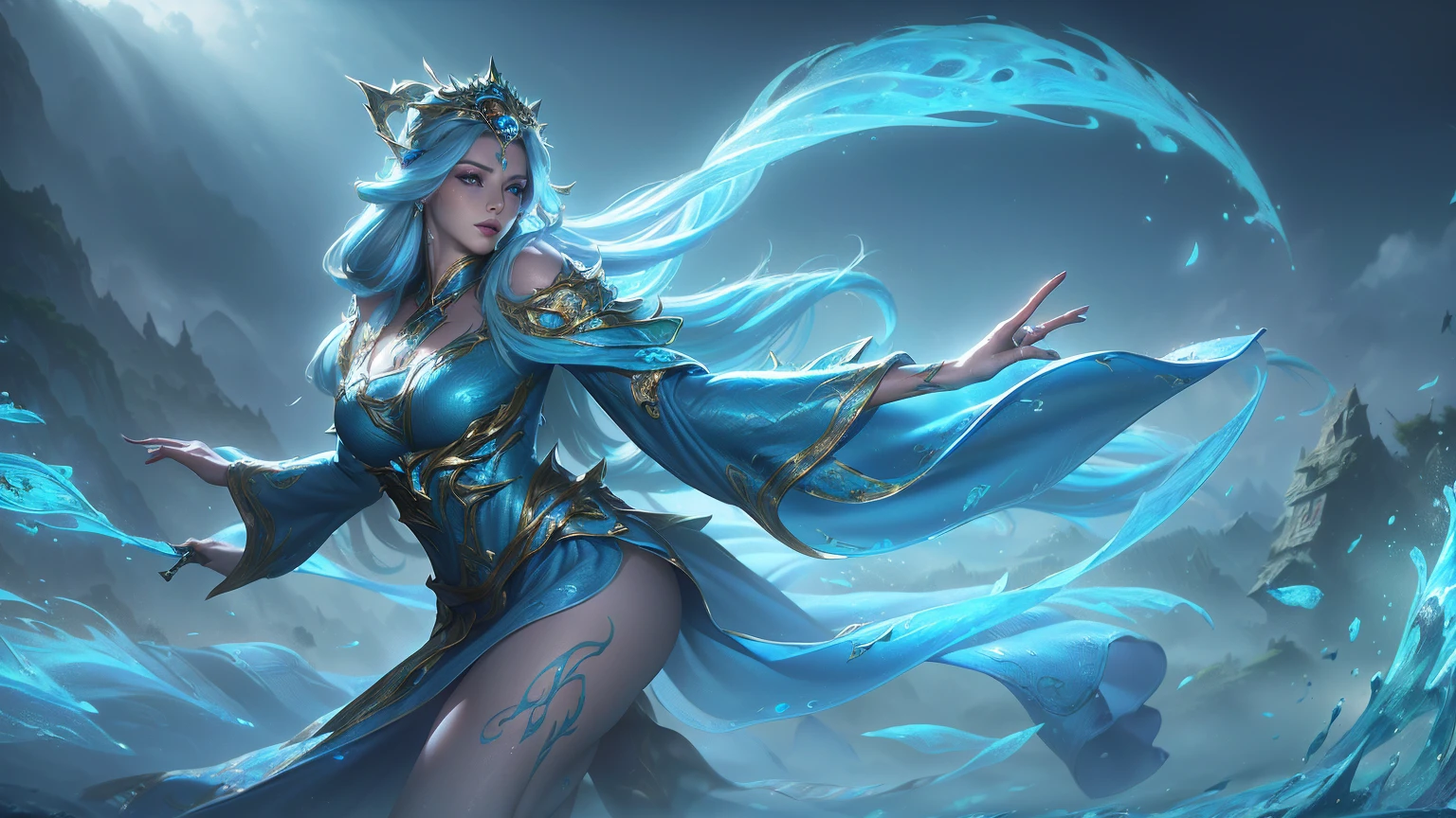 1 woman, beautiful young woman, sexy body, exquisite detailed makeup, mage, water mage, white long hair, piercing blue eyes, (best quality,4k,8k,highres,masterpiece:1.3),(realistic,photorealistic,photo-realistic:1.37),(liga dos lendarios:1.5),ultra-detailed,vivid colors,HDR,studio lighting,professional,extremely detailed description