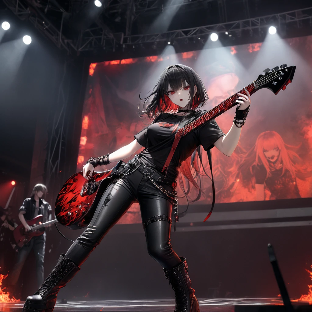 Mavis Dracula, furious, enthusiastic, performing, very sexy, large chest, black latex t-shirt, black nappa pants with red flames, black lace-up boots and stiletto heels, black choker and wristbands, gothic punk style, playing a customized red guitar, in a stage with large screen in the background showing the show, heavy metal trend, cinematic, dramatic, dynamic view, full body, CG anime style, HD12K,