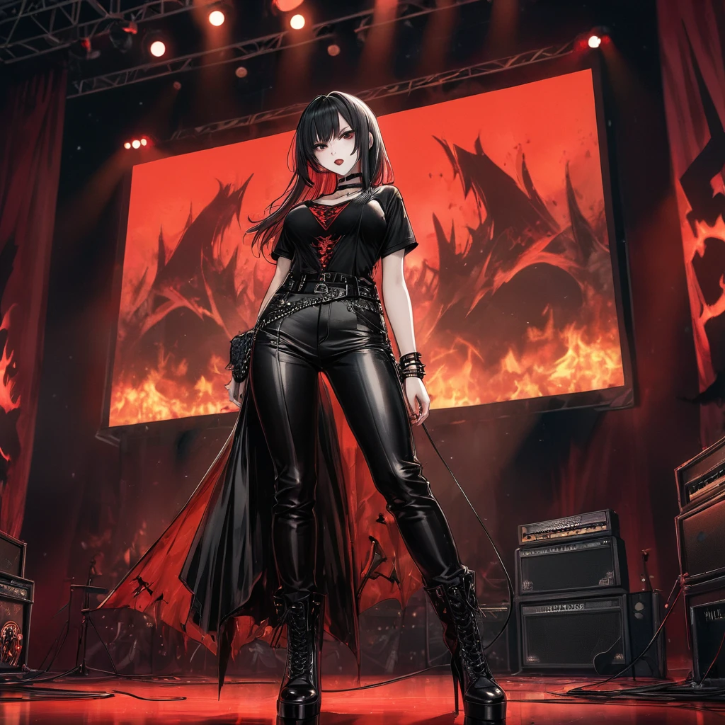 Mavis Dracula, furious, enthusiastic, performing, very sexy, large chest, black latex t-shirt, black nappa pants with red flames, black lace-up boots and stiletto heels, black choker and wristbands, gothic punk style, playing a customized red guitar, in a stage with large screen in the background showing the show, heavy metal trend, cinematic, dramatic, dynamic view, full body, CG anime style, HD12K,