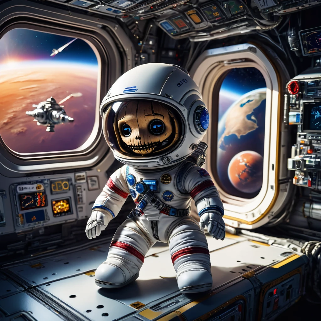 (knitted toy voodoo doll:1.8), (Voodoo Yuri Gagarin:1.3), (Clothing: Soviet cosmonaut suit with the Vostok emblem:1.5), (Accessories: helmet with reflective visor, miniature model of a spaceship, miniature globe:1.2), (background: starry space with floating space debris and glowing planets, ethereal light emphasizing the vastness of space:1.2), best quality, masterpiece, detailed soft oil painting, detailed background, dramatic cinematic lighting, soft edge lighting, professional, dramatic lighting, hard edge lighting, ultra quality, 4k,masterpiece, best quality, 8k, ultra highres, highres, extremely detailed