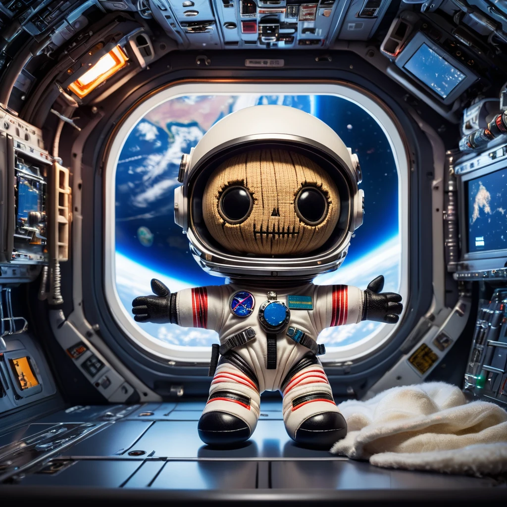 (knitted toy voodoo doll:1.2), (Voodoo on the Space Station:1.2), (Clothing: Space suit, helmet with open visor:1.1), (in the background the interior of the space station, a window with a view of the Earth:1.3), best quality, masterpiece, detailed soft oil painting, detailed background, dramatic cinematic lighting, soft edge lighting, professional, dramatic lighting, hard edge lighting, ultra quality, 4k, masterpiece, best quality, 8k, ultra high definition, high resolution, extremely detailed