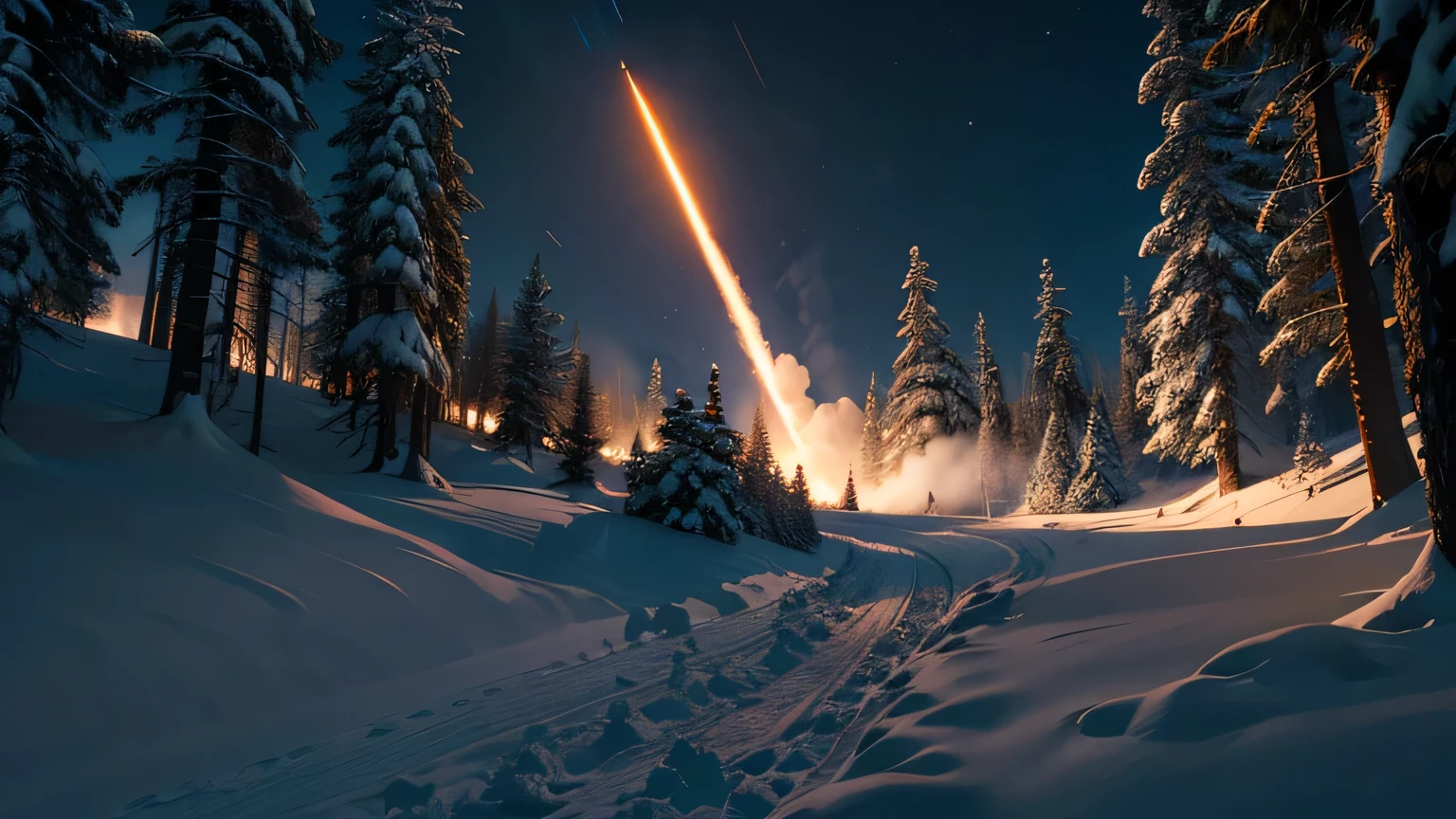 Dramatic lighting, chiaroscuro, missiles being launched over a spruce forest under deep snow