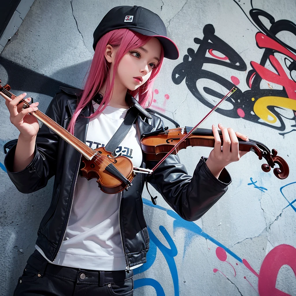 A girl with a swag style playing the violin inside a building with graffiti-covered walls. On the wall behind her, there's a large, vibrant graffiti that says 'Feel it,' adding an urban and cool vibe to the scene.