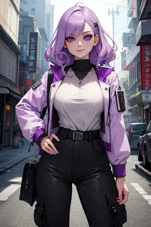 One beautiful young woman, light purple hair, long slightly waved and combed to one side, purple eyes, sharp eyes, eyeliner, pretty smile, pale skin, extremely beautiful, kind, sweet, White, black jacket, black cargo pants, anime realism style, portraits, vibrant lighting, color palette: light purple and black, (best quality, 4k, 8k, highres, masterpiece:1.2), ultra-detailed, realistic:1.37
