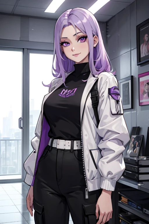 One beautiful young woman, light purple hair, long slightly waved and combed to one side, purple eyes, sharp eyes, eyeliner, pretty smile, pale skin, extremely beautiful, kind, sweet, White, black jacket, black cargo pants, anime realism style, portraits, vibrant lighting, color palette: light purple and black, (best quality, 4k, 8k, highres, masterpiece:1.2), ultra-detailed, realistic:1.37
