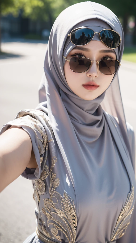 (masterpiece:1.4,), (intricate details), unity 8k wallpaper, detailed, 1girl, hijab, sunglasses, selfie, upper body 